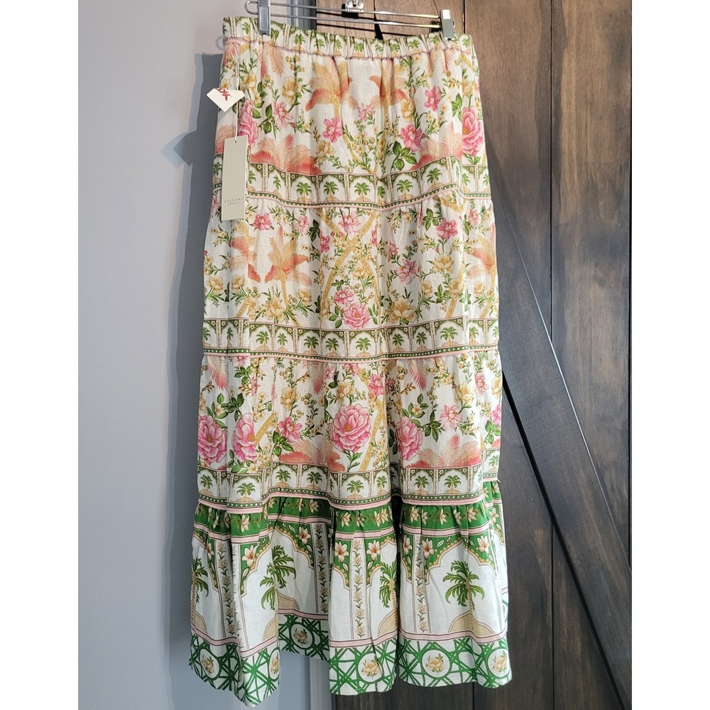 Calypso St. Barth Maxi Skirt M Linen Floral Palm Tiered Resort Coastal Boho NWT